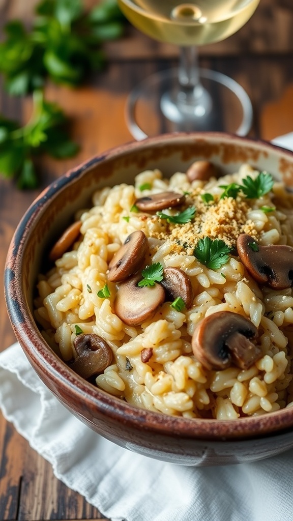 A bowl of creamy mushroom risotto with parsley garnish on a wooden table.